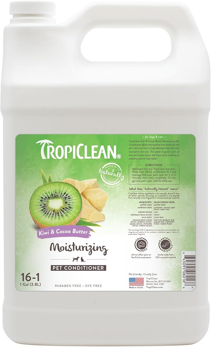 TropiClean Dog Conditioner, Professional Detangling & Moisturizing Conditioner, Puppy Safe, Made in the USA, Kiwi & Cocoa Butter Scent, 1 Gallon