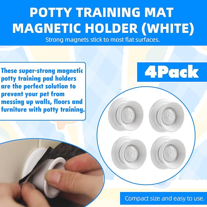 (4-Pack) Potty Training Pad Magnetic Holder Compatible with Any Size of Puppy Pee Pads Perfect for Leg-Lifting Marking Dogs, Strong Magnets Will Stick on Most Flat Surfaces - White Paw