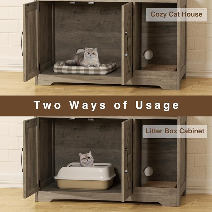 Cat Litter Box Enclosure, Hidden Litter Box Furniture with Scratch Pad, Farmhouse Indoor Cat House Washroom End Table, Grey