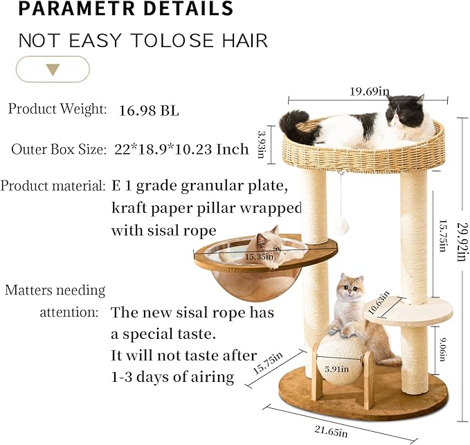 Modern Cat Tree for Indoor Cats, Wood Cat Tree with Natural Sisal-Covered Scratching Posts, Unique Cat Furniture Activity Center with Cat Scratching Ball Toy