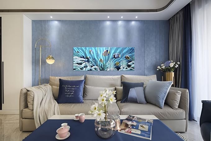 SYGALLERIER Fish Metal Wall Art Hand Crafted Large 3D Sea Life Pictures Modern Abstract Coastal Aluminum Artwork Contemporary Sculpture for Living Room Bedroom Dinning Decor