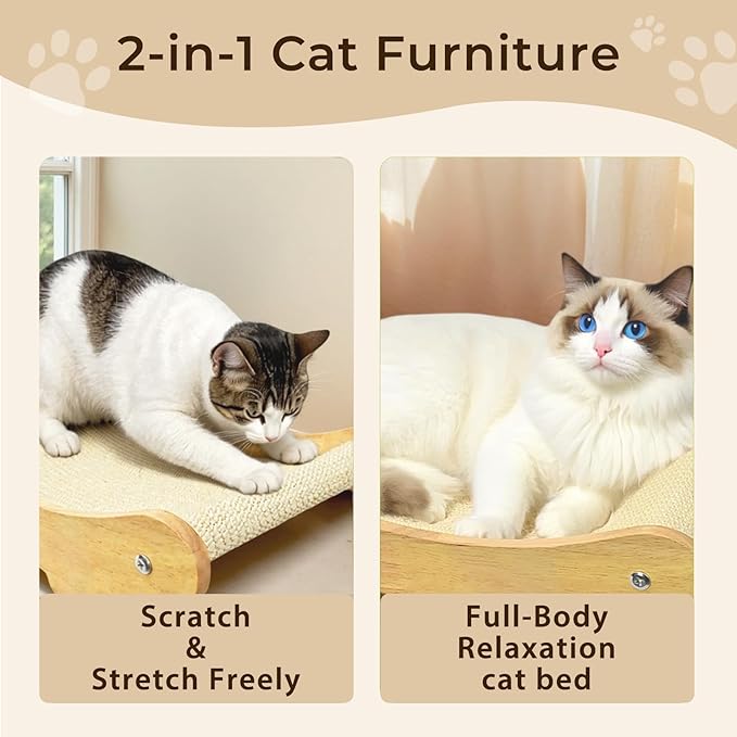 2-in-1 Sisal Cat Scratcher Bed for Indoor Large Cats – Hammock Lounge with Natural Sisal Pad, Wooden Cat Furniture for Scratching and Resting