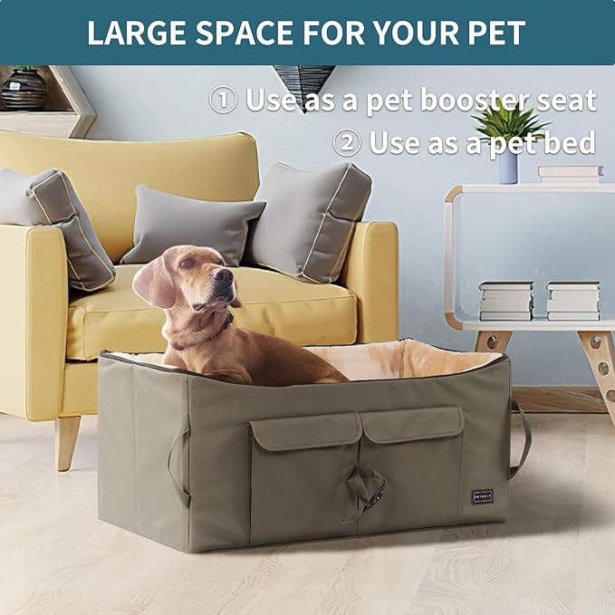 Petsfit Dog Booster Seat For 2 Small Dogs or Medium Dog up to 45 lb, Large Dog Car Seat With 2 Big Pockets for Cars, Trucks and SUVs (Large, Dark Brown)