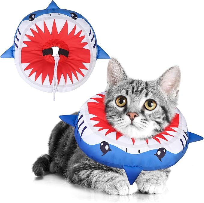 BEAUTYZOO Cat Cone Collars Soft, Cat Recovery E Collars After Surgery to Stop Licking, Adjustable Elizabeth Circle Collar Cute Pet Donut Pillow for Cats Kitten Small Dogs,Cute Shark M