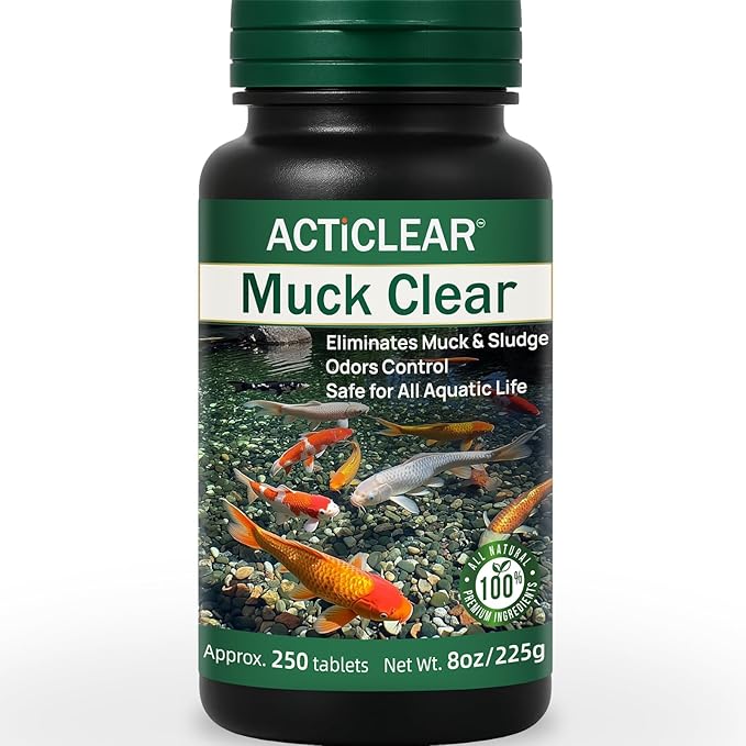 Muck Clear – Natural Pond Sludge Treatment, 250 Tablets for Ponds, Fountains & Bird Baths, Beneficial Bacteria & Enzymes, Chemical-Free & Safe for Fish, Pets & Wildlife