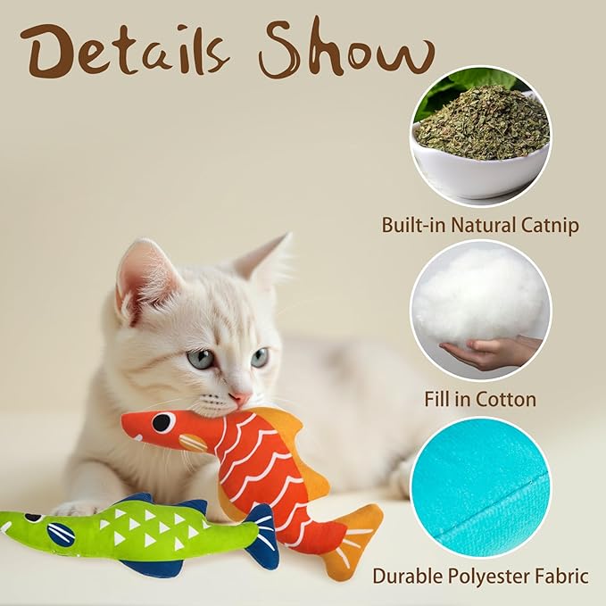 EXPAWLORER Catnip Cat Toys Fish,4 Pcs Durable Cat Kicker Toy with Natural Catnip Cotton,Interactive Bite Resistant Soft Pillow Filled for Indoor Cats Kitten Playing,Drives Bored Cats Crazy with Fun
