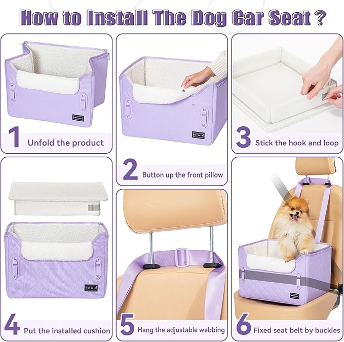 PETSFIT Dog Car Seats for Small Dogs, Patent Safe Buckles Cat Car Seat, Car Seat for Dogs with Safety Belt, Suitable for Small Pets Up to 25lbs (Lavender Purple)