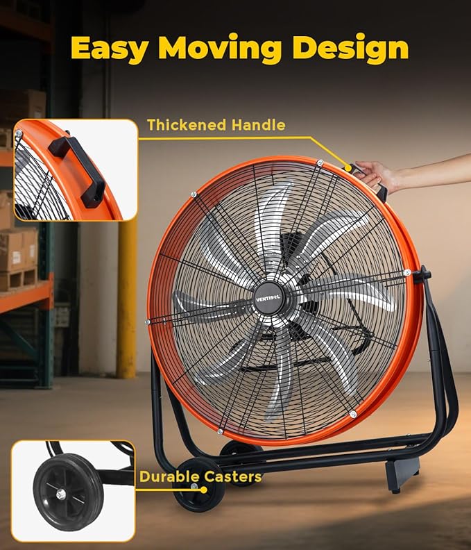 VENTISOL 24 Inch Industrial Floor Drum Fan, 9500 CFM Heavy Duty Floor Fan with 8 Blades, 3-Speed High Velocity Shop Fan, Metal Fans for Warehouse, Patios, Garage