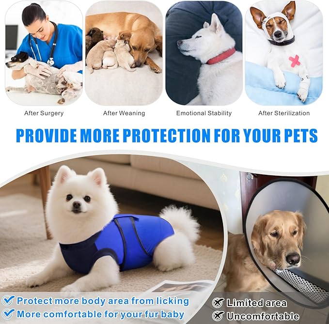 Idepet Dog Recovery Suit Female,Dogs Onesie Suit Surgery Male Breathable Pet Bodysuit for Spay Neuter E-Collar & Cone Alternative Surgical Suit Puppy Abdominal Anti Licking Wounds Shirt (Blue, XS)