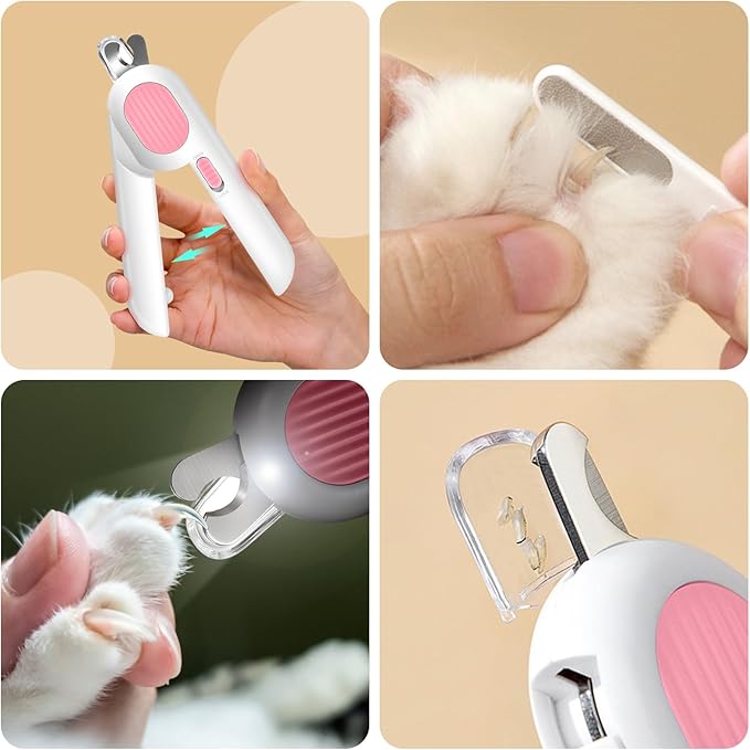 Odoland Cat Nail Clipper with LED Light and Nail File, Dog Claw Trimmer with Bright Light to Avoid Excessive Cutting - Pet Grooming Tool for Tiny Dog Cat Kitten Bunny Rabbit Pink