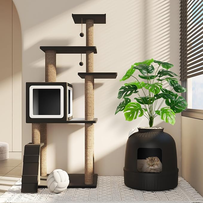 Lifewit 2 Pack Litter Box Cat with Faux Plant & Scoop, Hidden Enclosure Litter Tray with Odor Control & Carbon Filter in Living Room, Bedroom, Corner, Black