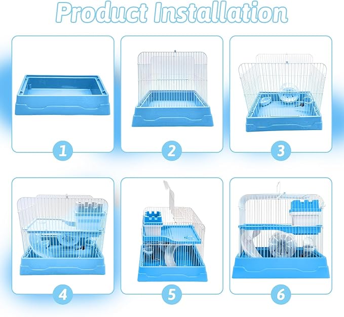 PINVNBY 2-Tier Dwarf Hamster Cage, Travel Portable Mouse Cage Gerbil Cages and Habitats Small Animal Carrier with Castle House Running Exercise Wheels, Water Bottle and Food Dish(Gray)
