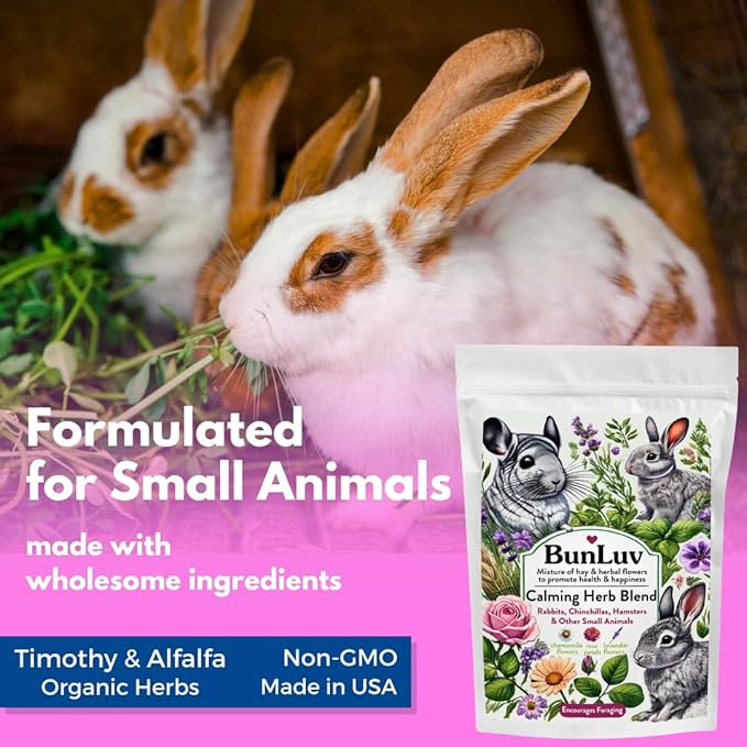 Herbal Calming Forage: Premium Rabbit Food, Hay for Guinea Pigs Food, Chinchilla Food, Hamster Treat Made with Timothy Hay & Organic Herbs (10 Ounces)