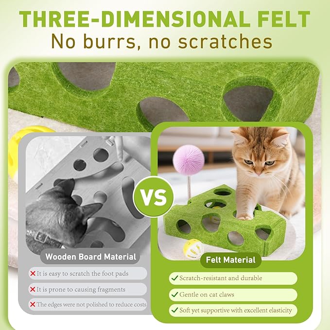 Interactive Cat Puzzle Toy for Indoor Cats & Kittens - Fun Track Balls & Spring Teaser in Stimulating Felt Puzzle Box (Green) - Mental Enrichment Game