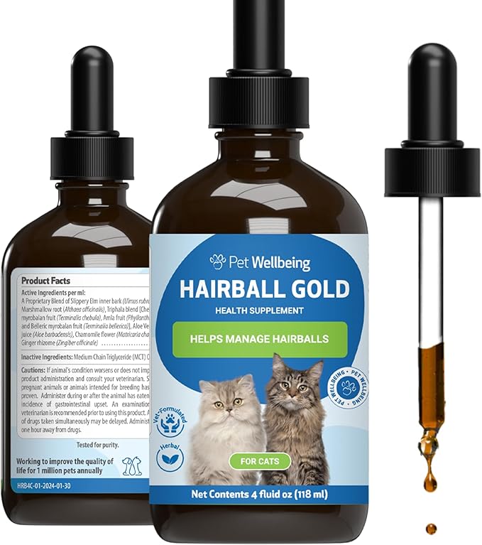 Pet Wellbeing Hairball Gold for Cats - Holistic Hairball and Digestive Care, Normal Elimination, Slippery Elm, MCT Oil, No Mineral Oil - Veterinarian-Formulated Herbal Supplement 4 oz (118 ml)