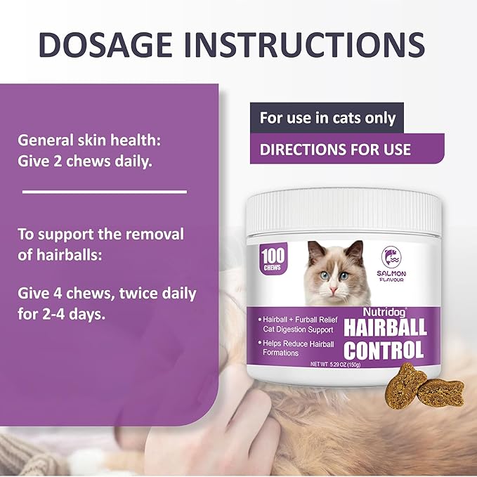 Hairball Treats for Cats - Hairball Remedy Chews with Omega 3&6, Psyllium Husk, Zinc & Biotin - Salmon Flavor for Hairball Control, Digestive Health & Skin Support, 100ct (ND-044)