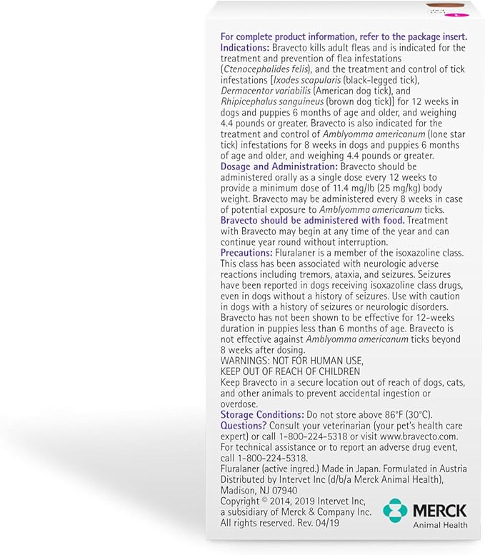 BRAVECTO Chew for Dogs, Flea & Tick, 1 Chew, 12 Week Supply, 88-123 lbs., Pink Box