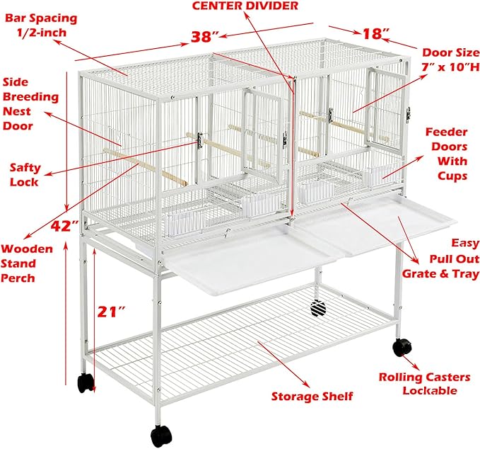 1/2/3-Combo Stacker Center Divided Breeder Breeding Bird Flight Double Rolling Cage for Aviaries Canaries Cockatiels Lovebirds Finches Budgies Small Parrots