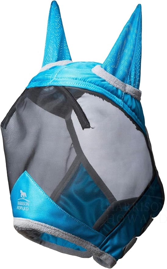 Harrison Howard CareMaster Pro Luminous Horse Fly Mask Large Eye Space Standard with Ears UV Protection for Horse Sky Blue XL Extra Full
