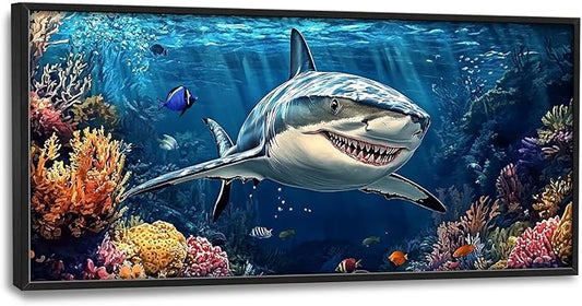 Large Ocean Shark Wall Art for Living Room, Framed Oversized Shark Fish Wall Decor Underwater Marine Life Canvas Painting Modern Artwork for Living Room Bathroom Bedroom Office Dining Room 60"x30"