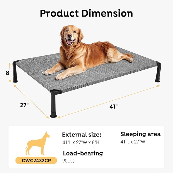 Veehoo Heavy Duty Elevated Dog Bed - Raised Dog Cot with Washable & Breathable Teslin Mesh, Non-Slip Silicon Feet, Cooling for Indoor or Outdoor, 41" x 27", Black Silver
