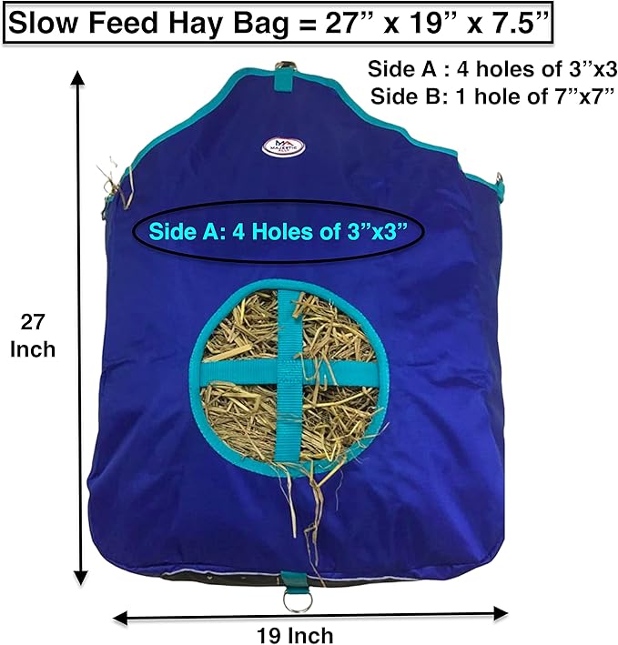 Majestic Ally Nylon Hay Feeder Tote Bag for Horse, Goat, Sheep - Double Sides Open Feed Hole with Faux Leather Ventilated Bottom- Premium Quality -Simulates Grazing - Reduces Waste (Royal Blue)