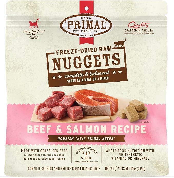 Primal Freeze Dried Raw Cat Food Nuggets Beef & Salmon, Complete & Balanced Meal or Topper, Premium, Healthy, Grain Free, High Protein Raw Cat Food with Probiotics (14 oz)