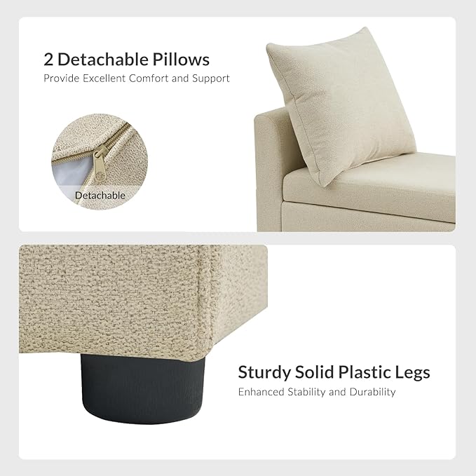 HULALA HOME Modern Storage Ottoman Bench with Throw Pillows, 59" Extra Long End of Bed Bench with Storage Pocket, Comfy Upholstered Footstool for Bedroom Entryway Living Room, Ivory