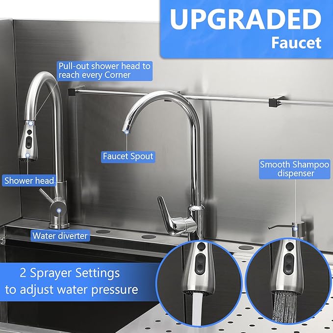 50" Dog Washing Station, Professional Stainless Steel Pet Dog Bathing Station with Ramp, Faucet, Storage Drawer, Floor Grate Dog Bathtub for Large, Medium, Small Pets (Right Ramp)