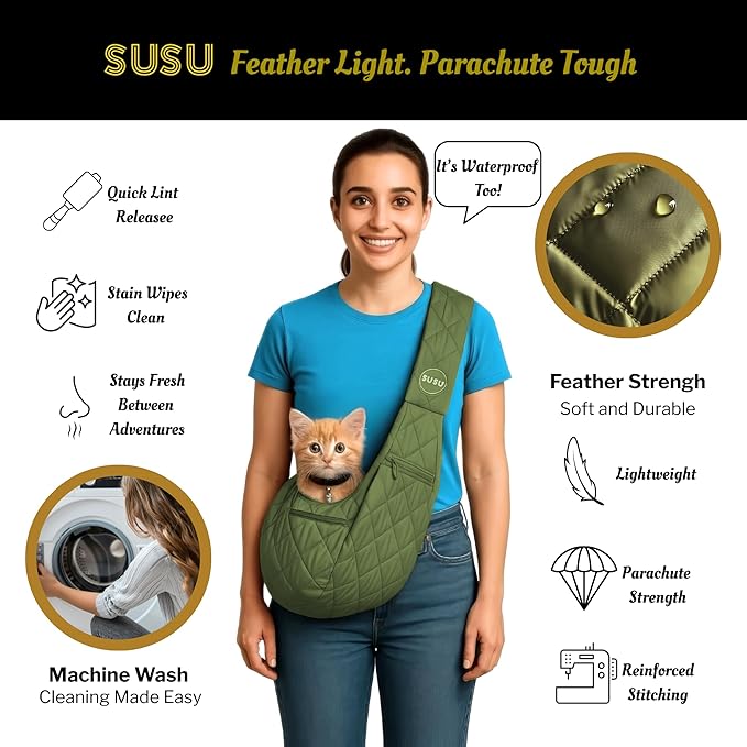Small Dog Carrier Sling – Olive Green Hands‑Free 2‑in‑1 Sling & Handheld Carrier for Dogs up to 10 lbs, Parachute‑Grade Rip‑Stop Nylon, 4″ Padded Strap, Safety Tether & Pockets