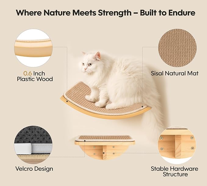 Wood Cat Wall Shelves with Sisal Cats Window Perch, Wall Mounted 4-Piece Cat Climbing Set with Curved Bed, Flat Perch and Sisal-Covered Steps