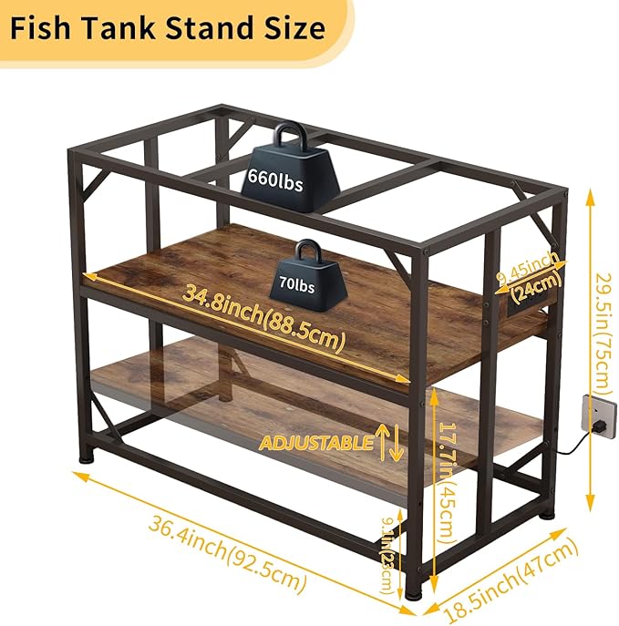 Sturdy Metal Aquarium Stand with Power Outlets, Adjustable Storage Cabinet - 660LBS Capacity, Rustic Brown - Suitable for 40 Gallon Fish Tank, Turtle Tank, Perfect Fish Tank Stand for Organization and Convenience