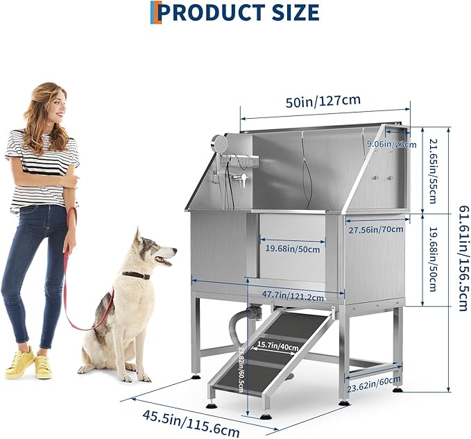 50" Stainless Steel Professional Dog Washing Station - Pet Bathing Tub w/Non-Slip Ramps | Slip-Resistant Floor Grate | for Large/Medium/Small Dogs