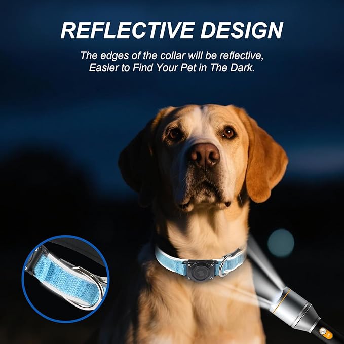 Waterproof Airtag Dog Collar - Nylon Collar with Durable Airtag Holder, Reflective&Anti-Lost with Safety Metal Buckle, Soft Padded Adjustable for Small Medium Large Dogs Blue M