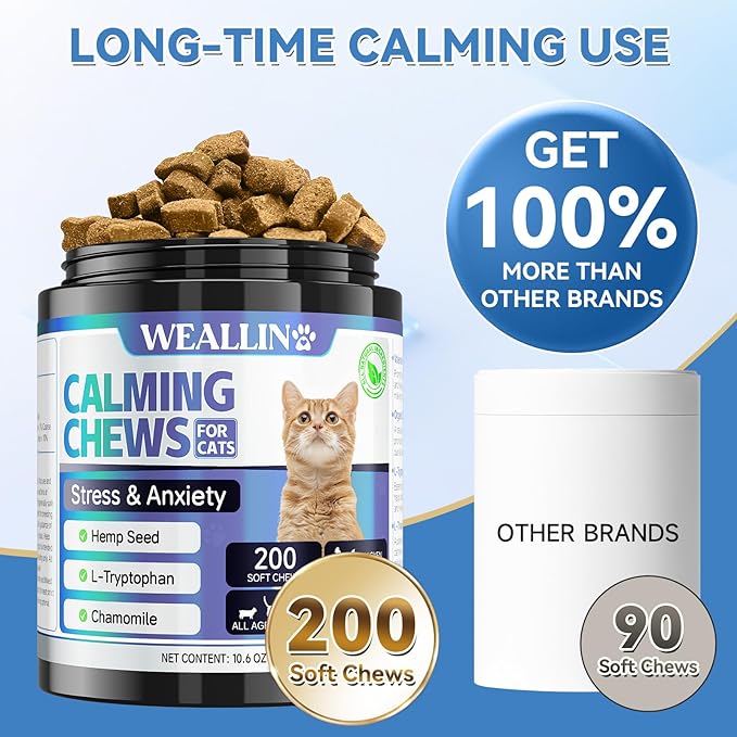 200 PCS Cat Calming Treats, Calming Treats for Cats Help to Manage Stress & Anxiety, Calming Aid for Cats with Hemp Seed Powder Chamomile Melatonin for Cat Anxiety Relief, Separation, Travel, Storms