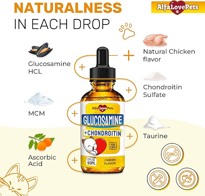 Cat Joint Supplement for All Breeds – Glucosamine for Cats and Kittens – Glucosamine, Chondroitin, MSM for Hip & Joint Care – Natural Ingredients with Chicken Flavor – 2 Oz