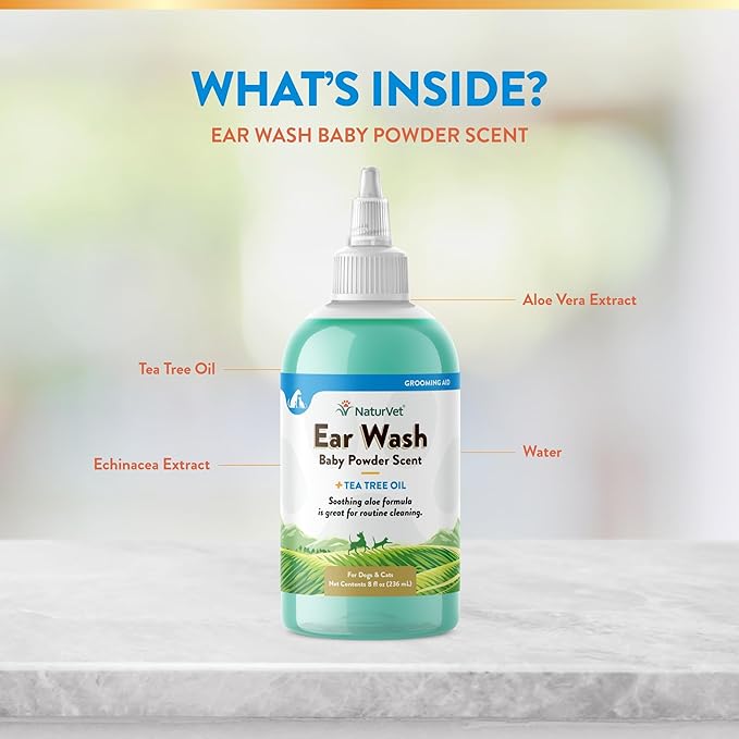 NaturVet Ear Wash w/Tea Tree Oil (Aloe & Baby Powder Scent) 8 oz