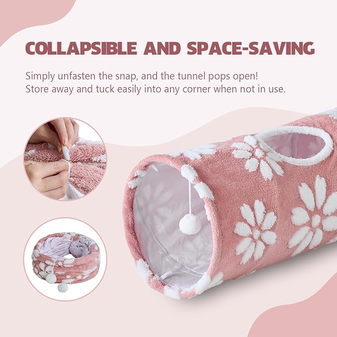 Straight Cat Tunnel for Indoor Cats 47"x12", Cute Cat Toys Collapsible Tunnel Tube with Balls for Puppy Kitten Rabbit, Pink Flower