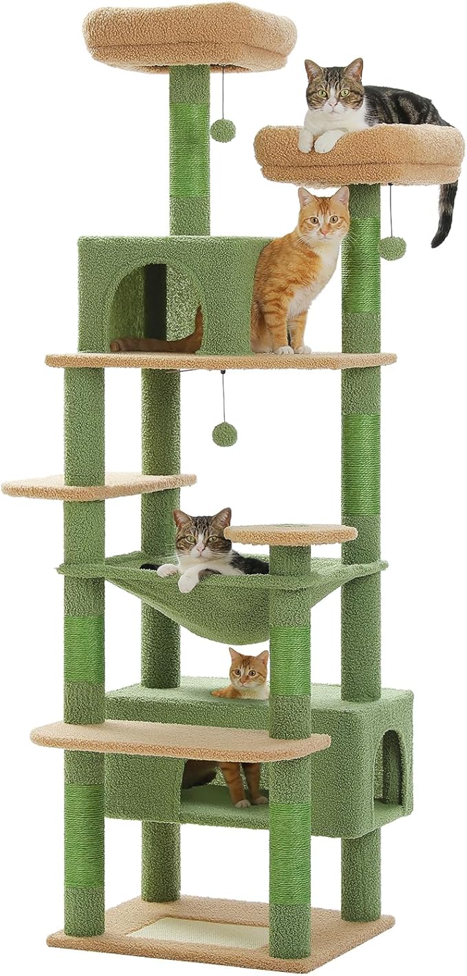 PAWZ Road Large 72 Inches Cat Tree and Tower for Indoor Cats - with Sisal-Covered Scratching Posts, Padded Perches, Condos, and Basket - Green