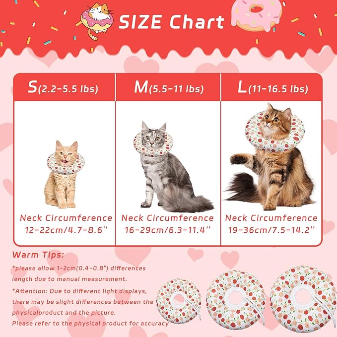 Cat Cone Soft, Adjustable Recovery Collar for Small Medium Large Cats, Cute Donut E After Surgery, Anti-Lick Wound Healing Elizabethan for Kittens (Pink Cherry, Small)