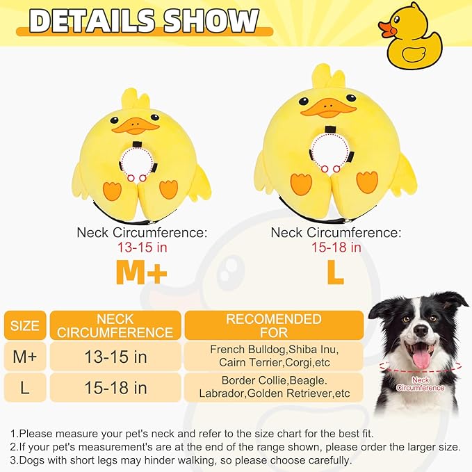 KOOLTAIL Inflatable Dog Cone Collar, Soft Dog Cone Alternative for Large Medium Small Dogs After Surgery, Cute Costume Adjustable Donut Neck Cone for Dogs Cats, Comfortable Recovery E Collar, Duck M