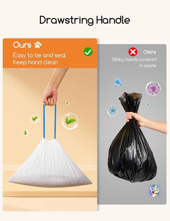 MeoWant Cat Litter Box Liner -120PCS Heavy Duty Drawstring Trash Bags for MeoWant MW-SC01/MW-SC02 Automatic Self-Cleaning Boxes, Extra Thick Leakproof, 6 Rolls (20 Bags/Roll)