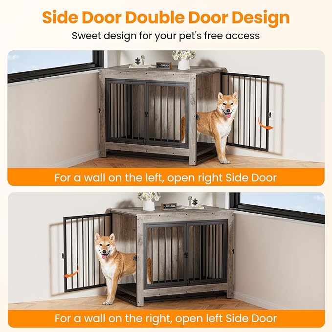 Dog Crate Furniture, Dog Crate End Table for Medium and Large Dogs,Wooden Cage Kennel Furniture Indoor, Modern Dog Crate with Multi-Purpose Removable Tray, Double-Doors Dog Furniture
