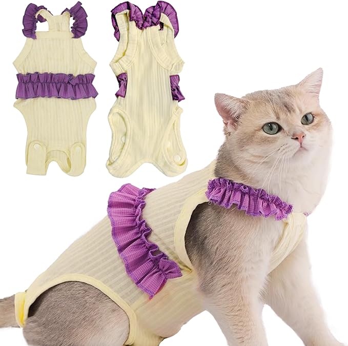 Cat Recovery Suit,Kitten Onesie After Surgery,E-Collar Alternative for Abdominal Wound and Skin Diseases,Soft Breathable Bodysuit After Spay（Beige-l）