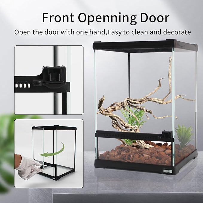 Mini Reptile Glass Terrarium Tank 8"x8"x12“ Full View with Front Opening Door and Enclosure Habitat Cage for Leopard Gecko Tarantula Young Lizard Hermit Crab Frog Insects Breeding Tank
