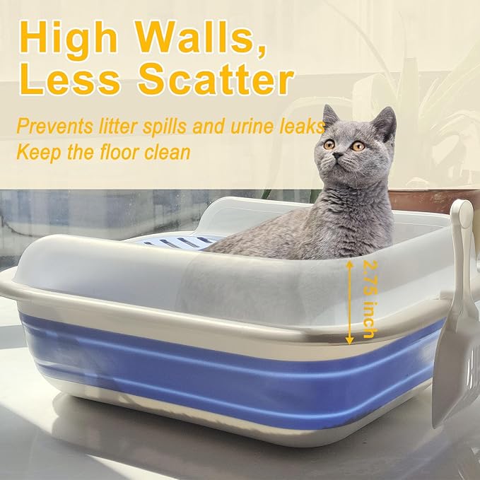 Open Cat Litter Box with High Side, Anti-Splashing Kitty Litter Pan Collapsible Travel Litter Potty Pan Scoop Leak-Proof Pedal Cat Toilet No Smell Easy Clean (M Gray High Side)