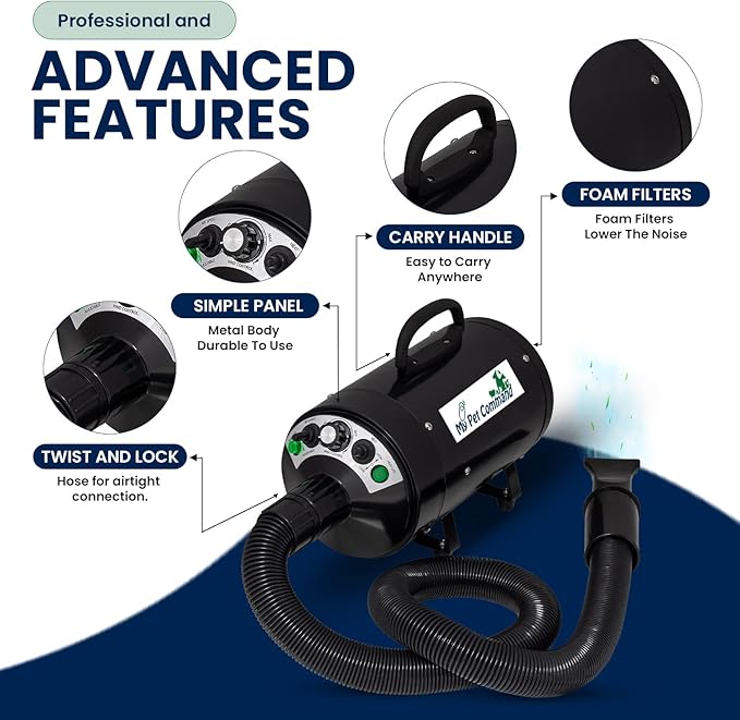 My Pet Command Dog Dryer Blower, Ultra Quiet, Professional High Velocity Blower Adjustable Hot and Cold Airflow, for Drying Deshedding with Accessories, 110V, 500W-2800W 4.5HP