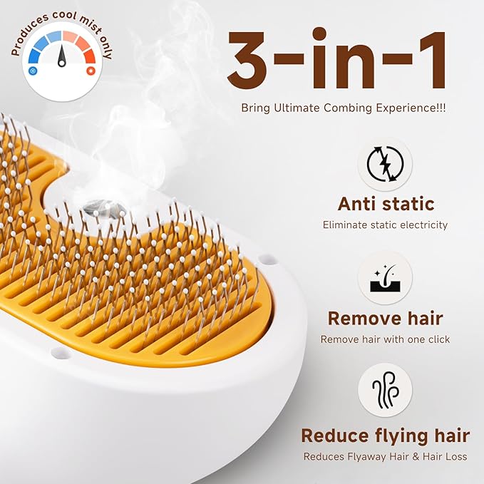 Pet Steam Brush for Dogs and Cats – 3-in-1 Pet Grooming Tool, Spray Portable Design, Suitable for Home and Travel, Ideal for Medium & Long-Haired Pets, Includes 1*Waterless Shampoo, Yellow