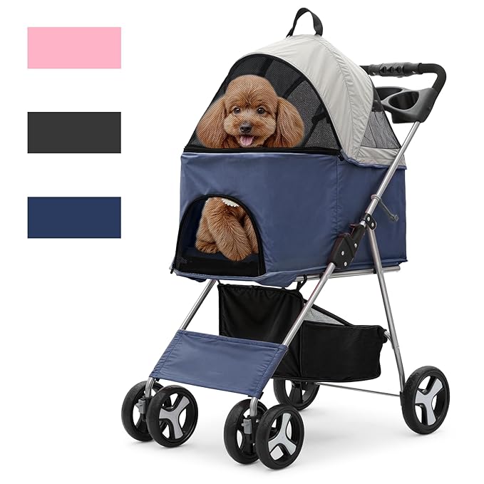 Magshion Foldable Pet Stroller, 3-in-1 Dog Travel Jogger with Detachable Carrier, Cup Holder, Storage Basket, Folding Carrier for Small/Medium Dogs & Cats Up to 33 lbs, Navy Blue