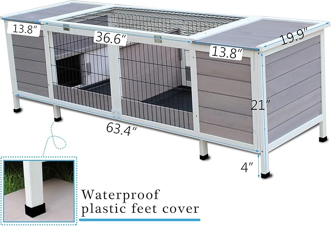Rabbit Hutch Indoor Leakproof Bunny Cage Fir WoodenOutdoor Bunny House with Wire Floor Leakproof Plastic Tray (Grey)